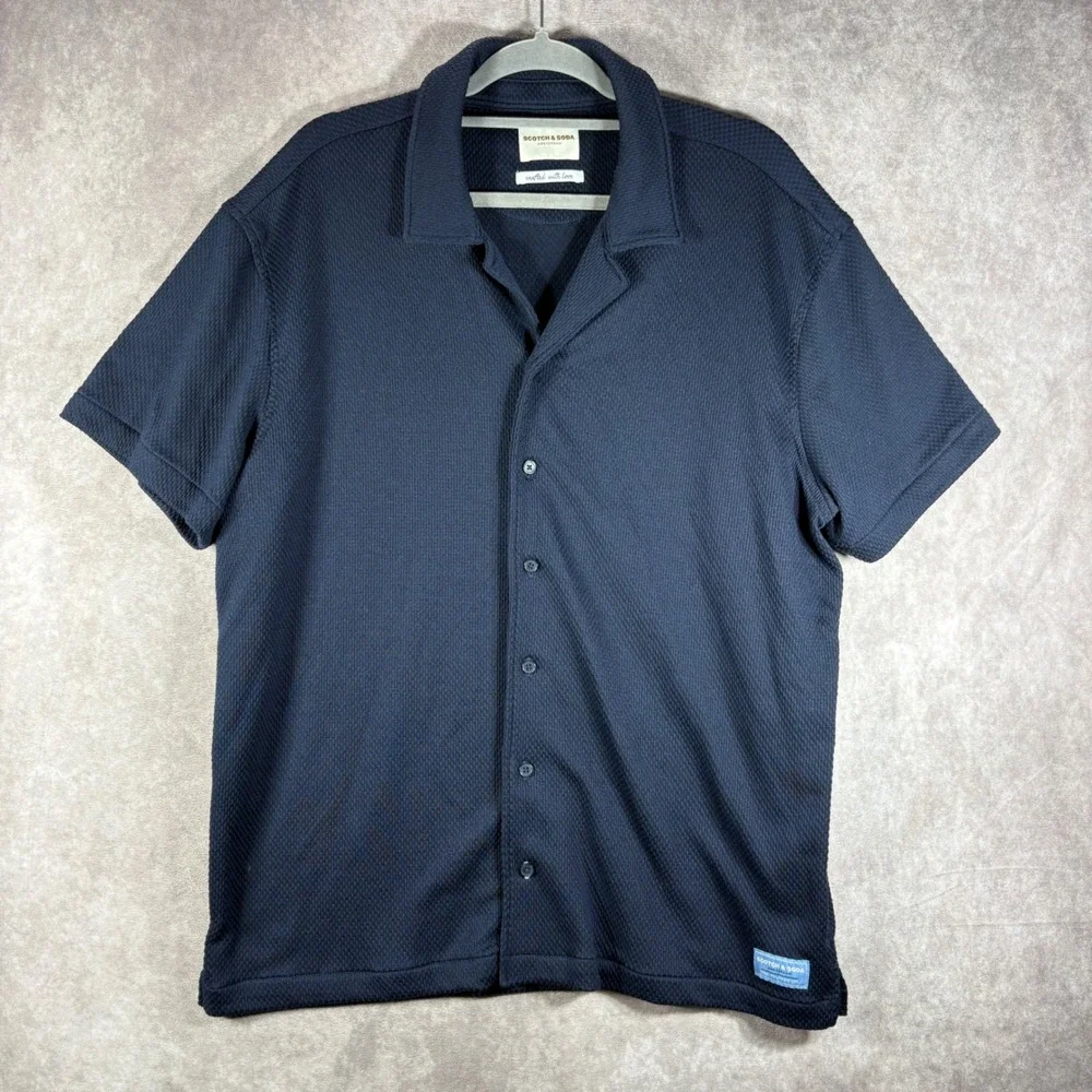 Scotch & Soda Camp Shirt Mens XL Navy Blue Textured Button Down Preppy Casual